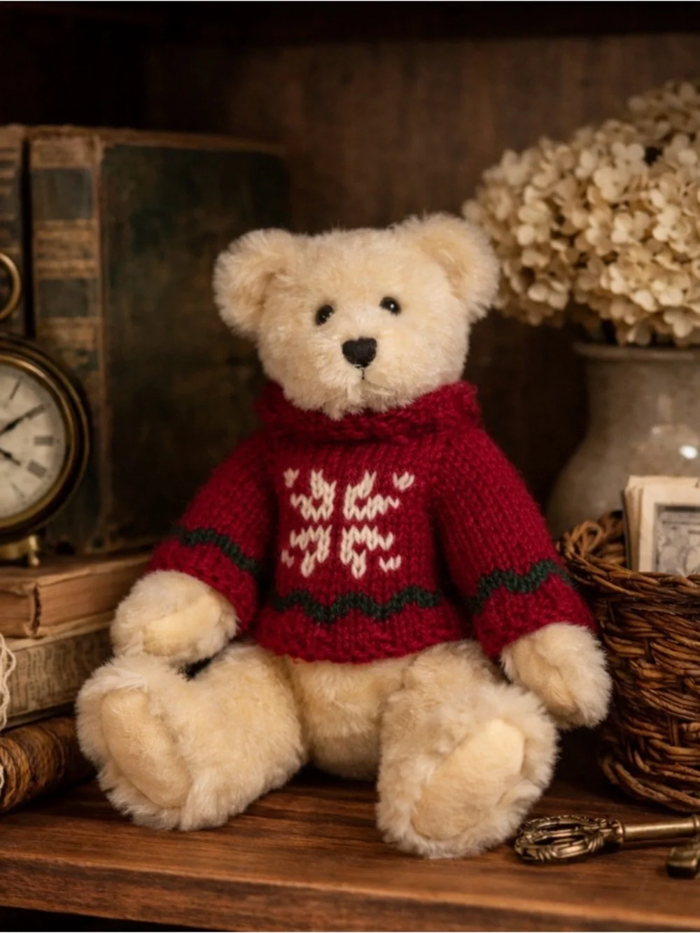 Boyds Bear 8.5” Cream Plush Teddy Red Sweater Jointed Moving Limbs Toy